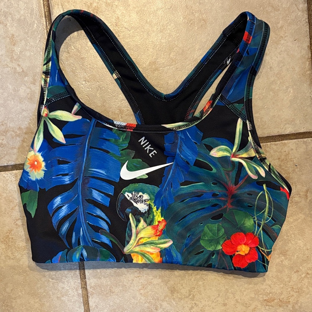 Nike Black Tropical Floral Sports Bikini Top with Blue Leaf Print